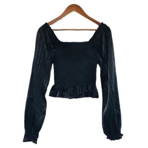 WAYF Black‎ Hounstooth Long Sleeve Smocked Peasant Top Witchy Goth Small New